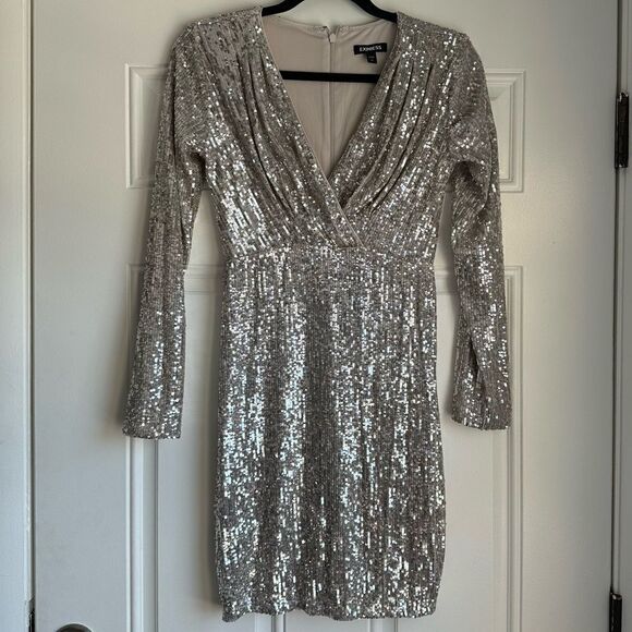 express sequin dress mini silver sequins long sleeve size XS wrap v-neck - Picture 3 of 7